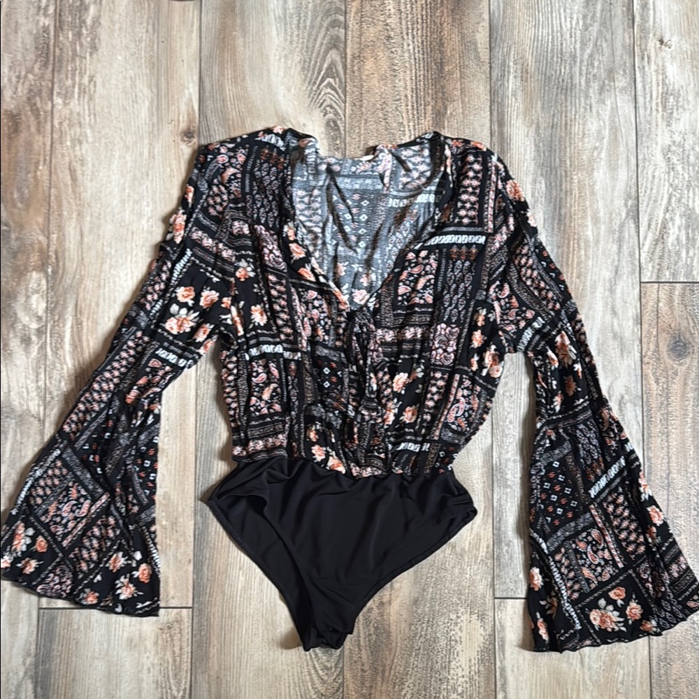 Peach Love California Black Floral Bodysuit